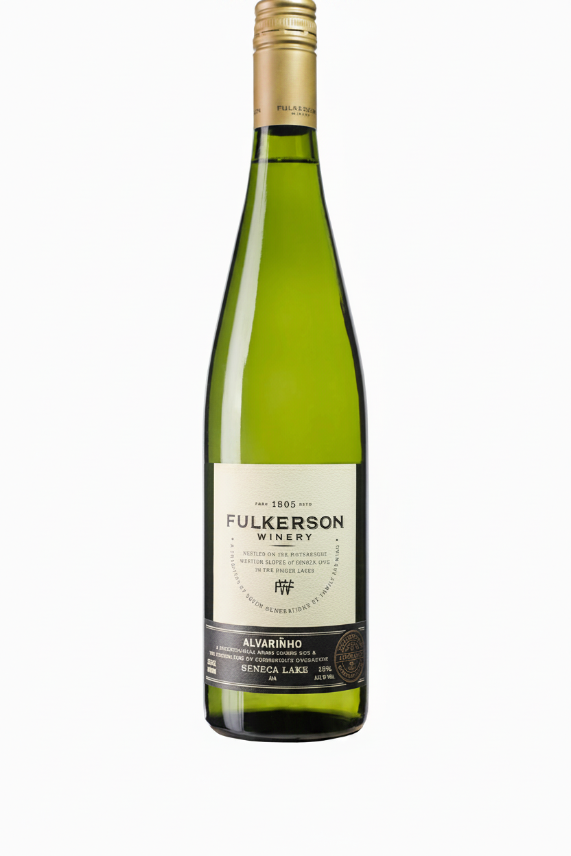 Bottle of fulkerson alvarino. Green bottle with gold cap and cream and black label on a white background