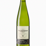 Bottle of fulkerson alvarino. Green bottle with gold cap and cream and black label on a white background
