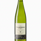 Bottle of fulkerson alvarino. Green bottle with gold cap and cream and black label on a white background