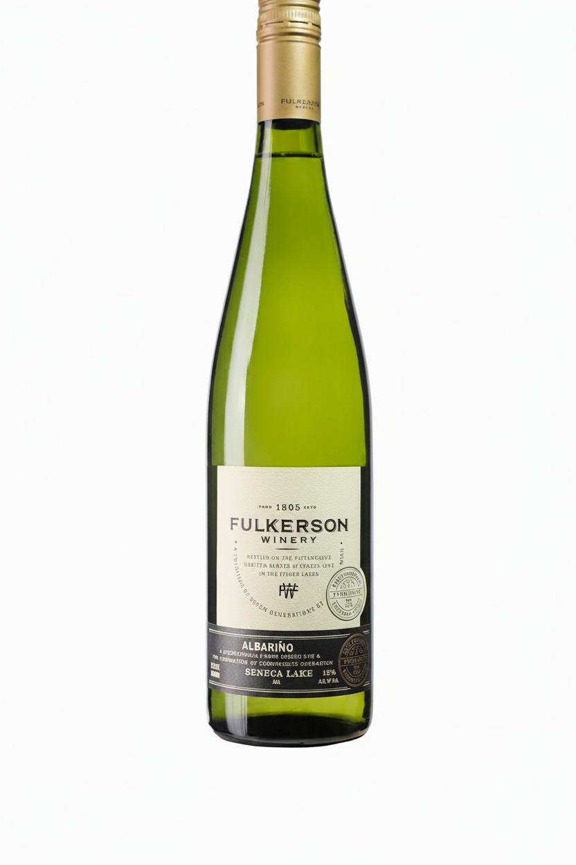 Bottle of fulkerson albarino. Green bottle with gold cap and cream and black label on a white background