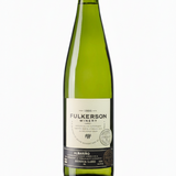 Bottle of fulkerson albarino. Green bottle with gold cap and cream and black label on a white background