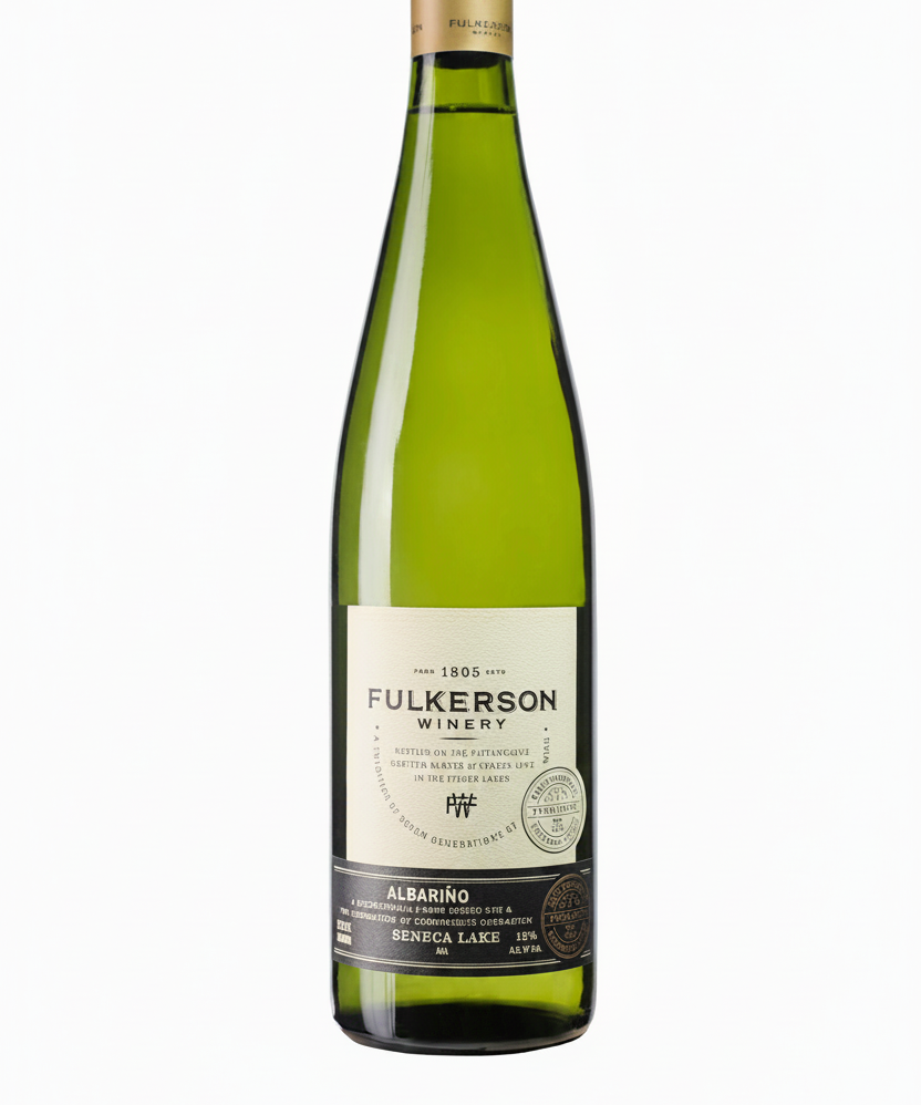 Bottle of fulkerson albarino. Green bottle with gold cap and cream and black label on a white background