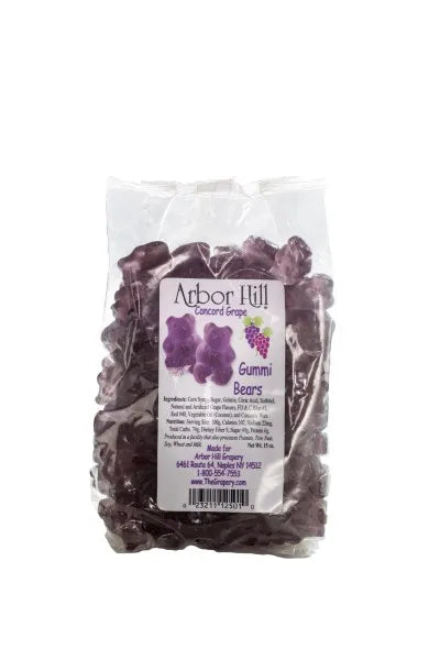 Bag of purple gummy bears with a label on a white background
