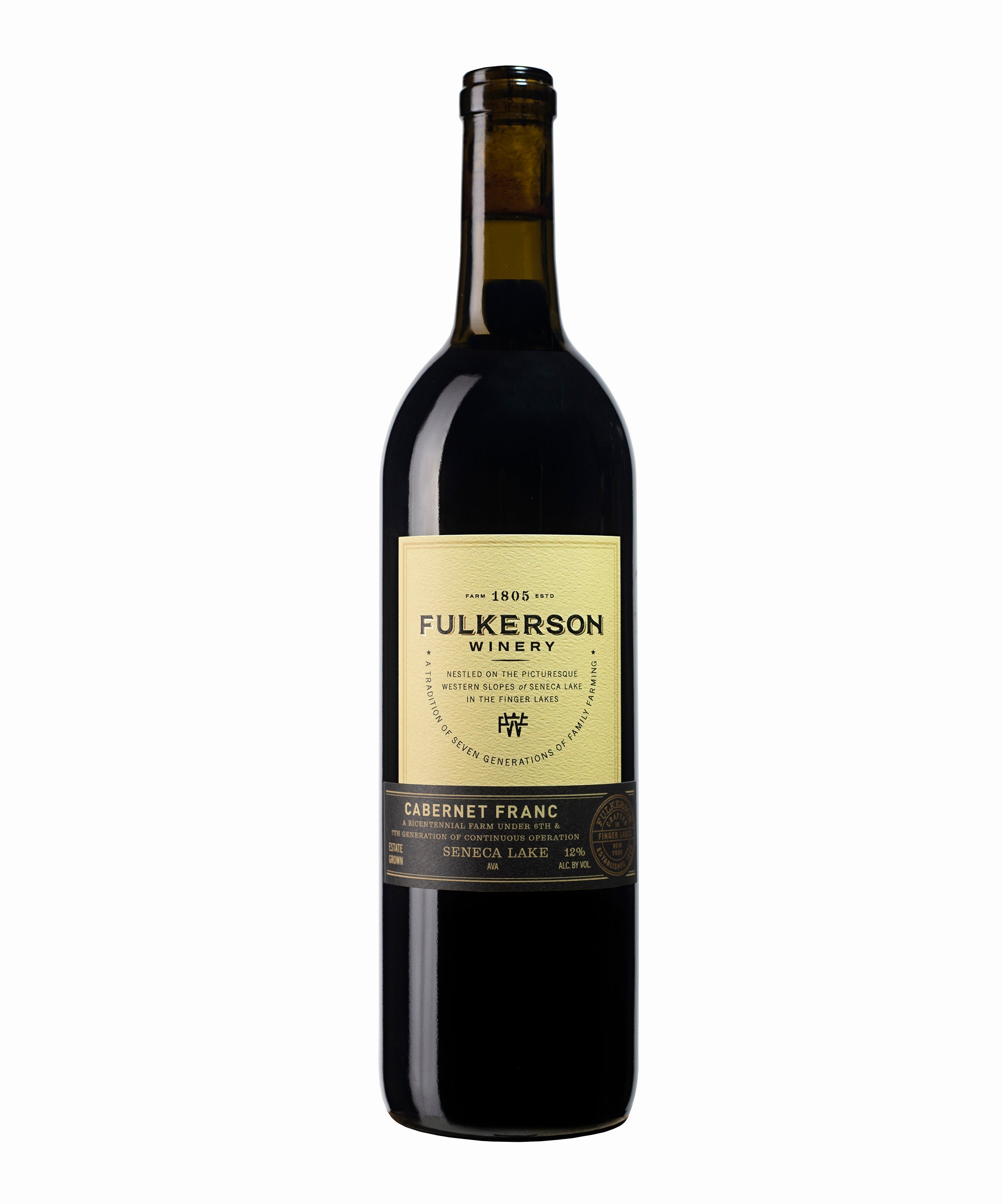 Dark bottle of Fulkerson Winery and farm Cabernet Frank wine on a white background