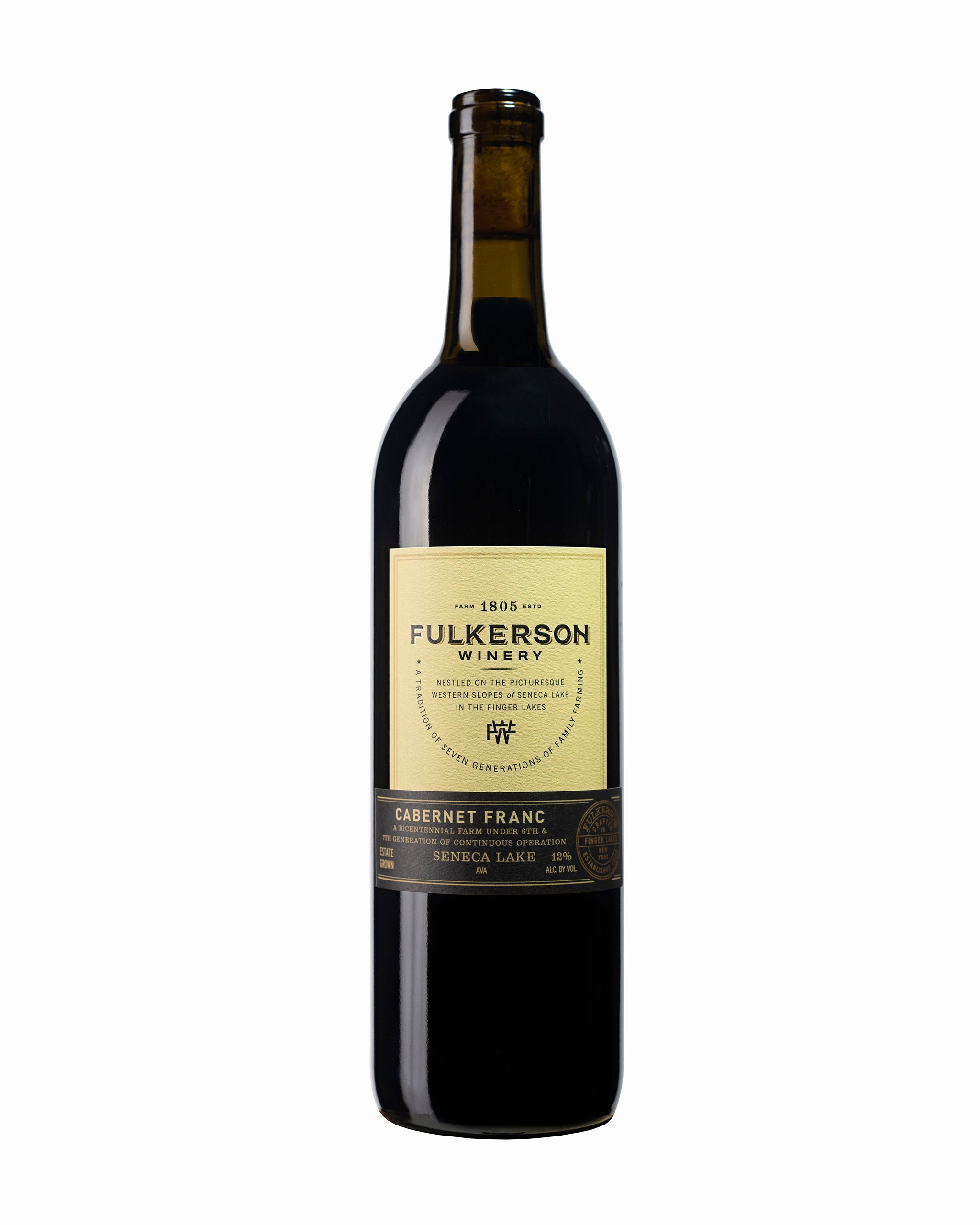 Dark bottle of Fulkerson Winery and farm Cabernet Frank wine on a white background