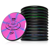 Pink mini disc with 'Nano' and 'Cosmic Discs' branding, next to a stack of black discs on a white background.