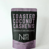 Bag of toasted coconut cashews with 'Nat's Nuts' branding on a white background