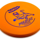 Orange disc with blue text and logo on a white background