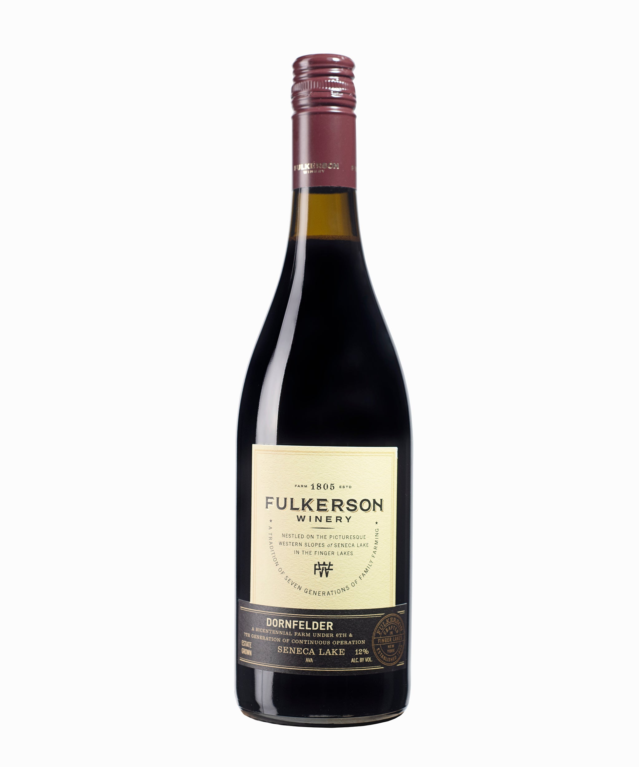 Bottle of Fulkerson Winery and farm Dorn Felder on a white background