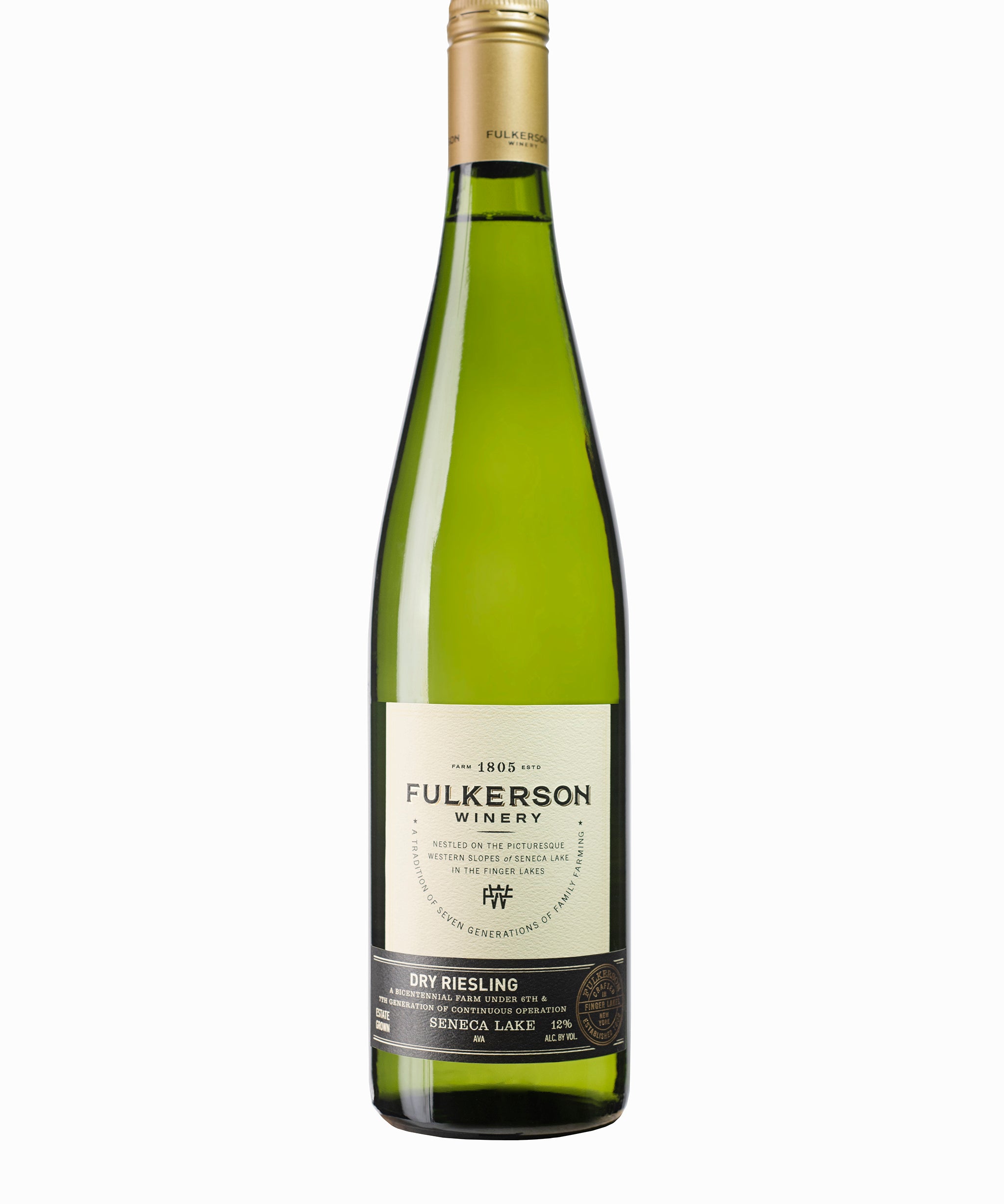 Bottle of Fulkerson dry riesling on a white background with a gold cap