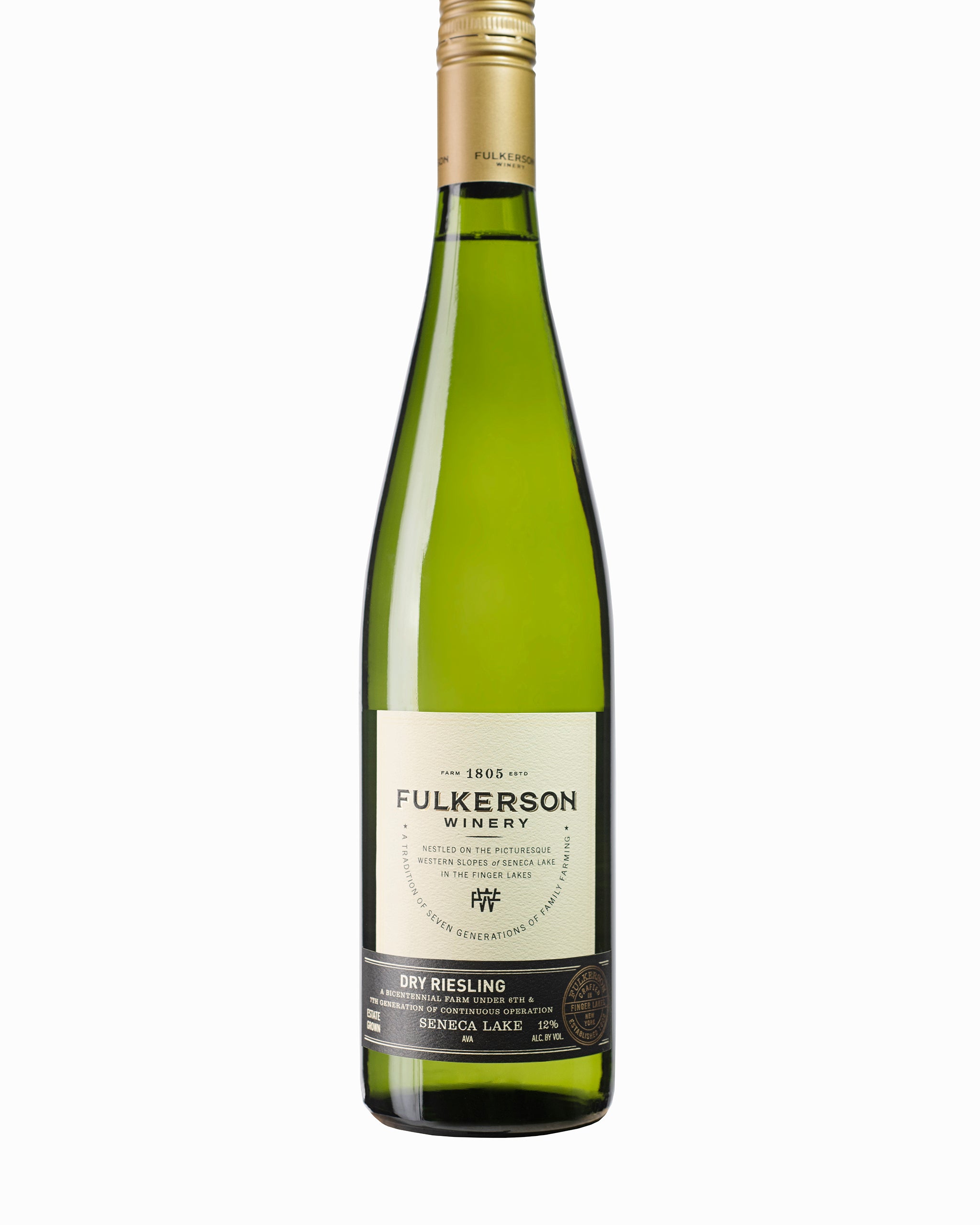 Bottle of Fulkerson dry riesling on a white background with a gold cap