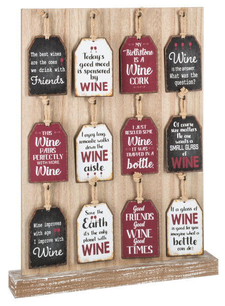 Decorative wall art with wine-themed sayings on wooden tags.