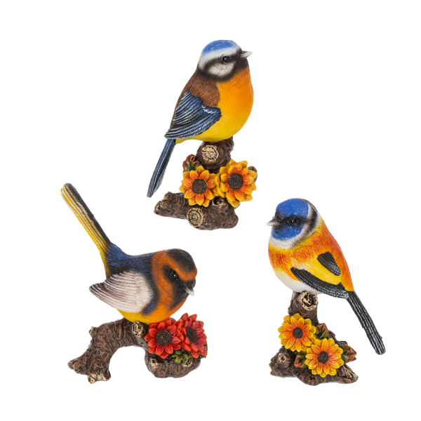 Three colorful bird figurines on branches with flowers against a white background