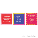 three colorful images of wooden blocks with cute sayings and styled outlines on a clear background