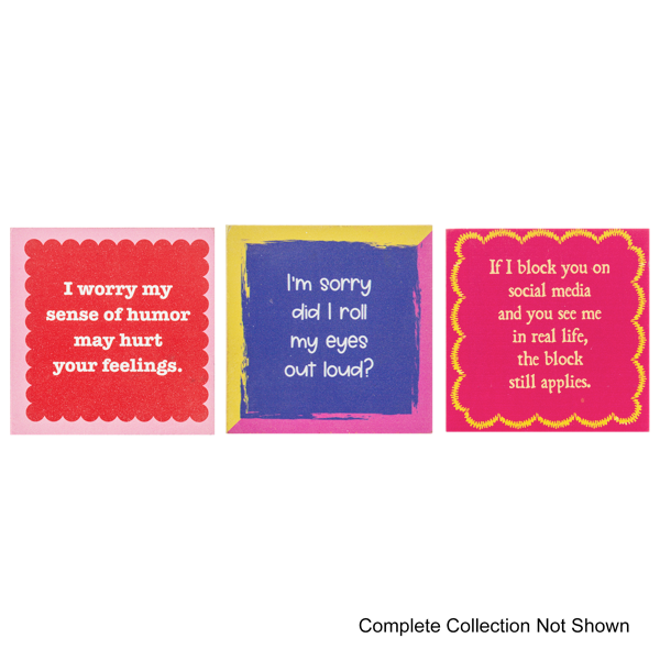 three colorful images of wooden blocks with cute sayings and styled outlines on a clear background