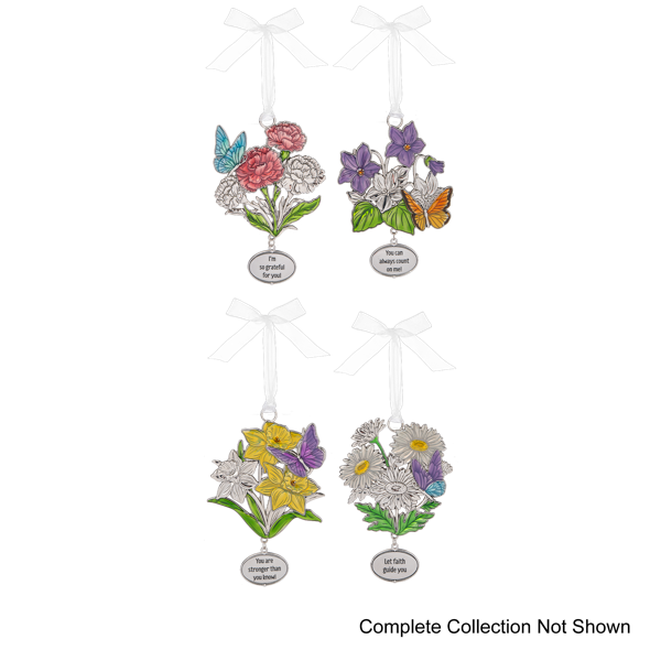 Set of four floral-themed hanging decorations with colorful flowers and butterflies on a white background.
