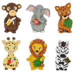 Set of six colorful animal figurines on a white background