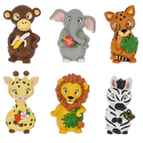 Set of six colorful animal figurines on a white background