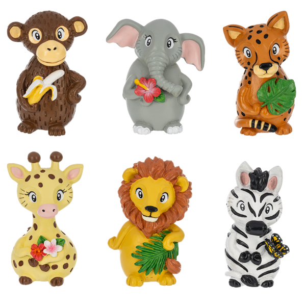 Set of six colorful animal figurines on a white background