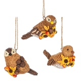 Three bird-shaped ornaments with autumn elements on a white background