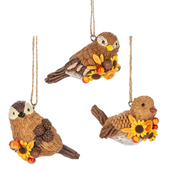 Three bird-shaped ornaments with autumn elements on a white background