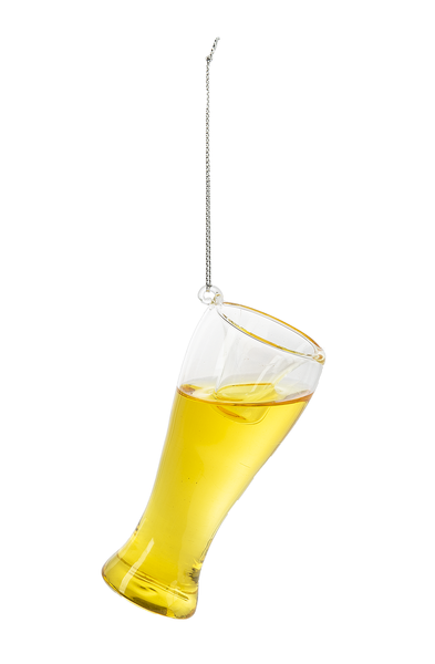 Hanging glass shaped like a beer mug filled with yellow liquid on a white background