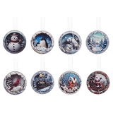 Set of Christmas-themed decorative ornaments with various winter scenes on a white background.