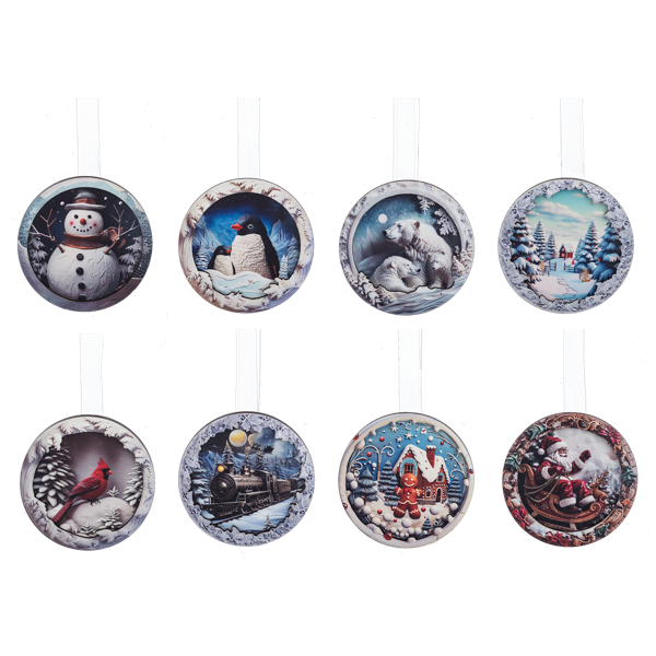 Set of Christmas-themed decorative ornaments with various winter scenes on a white background.