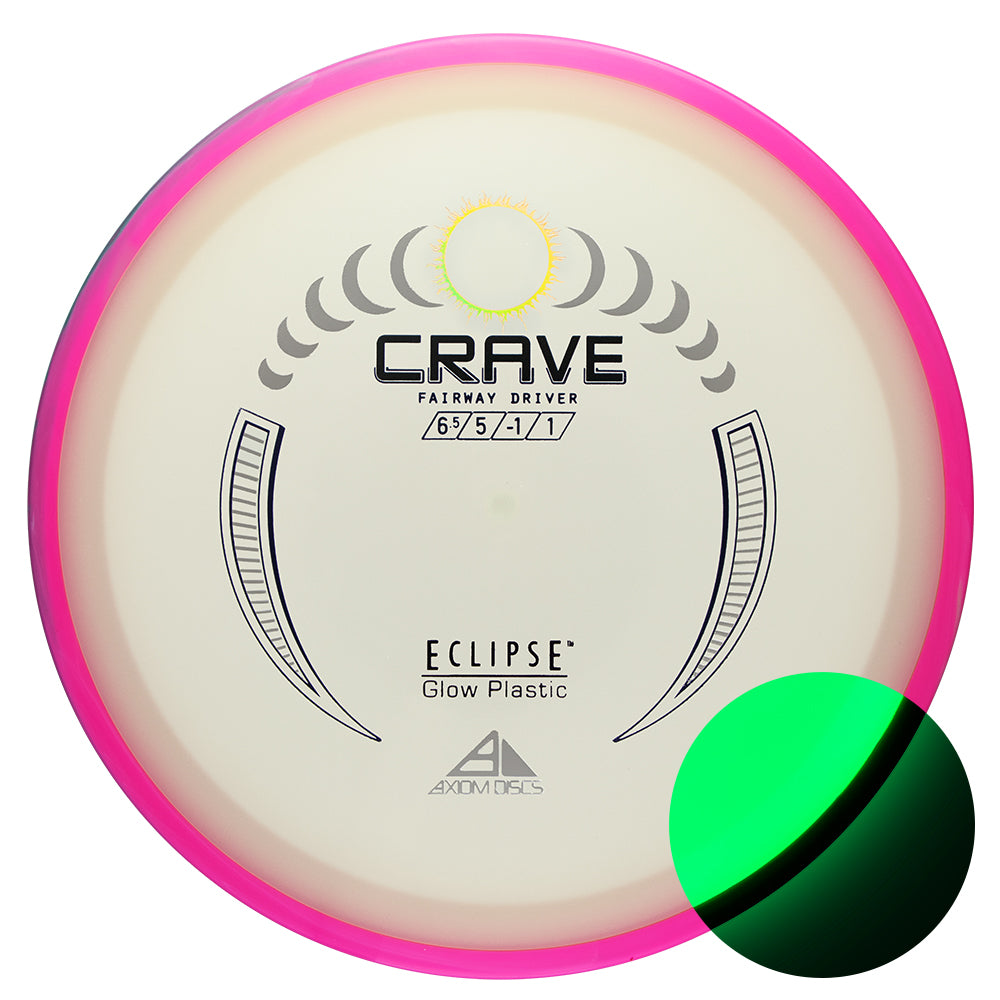 Disc golf disc with 'Crave' and 'Eclipse Glow Plastic' text on a white background
