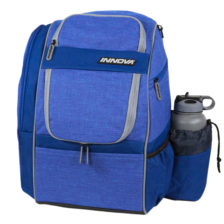 Blue backpack with gray accents and Innova logo, featuring a water bottle holder on a white background.
