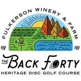 Logo of Fulkerson Winery & Farm's The Back Forty Heritage Disc Golf Course with scenic design.