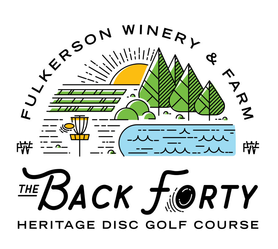 Logo of Fulkerson Winery & Farm's The Back Forty Heritage Disc Golf Course with scenic elements.