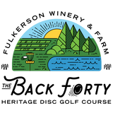 Logo of Fulkerson Winery & Farm's The Back Forty Heritage Disc Golf Course with scenic design.