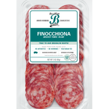 Package of cured meats with a green branded label on a white background