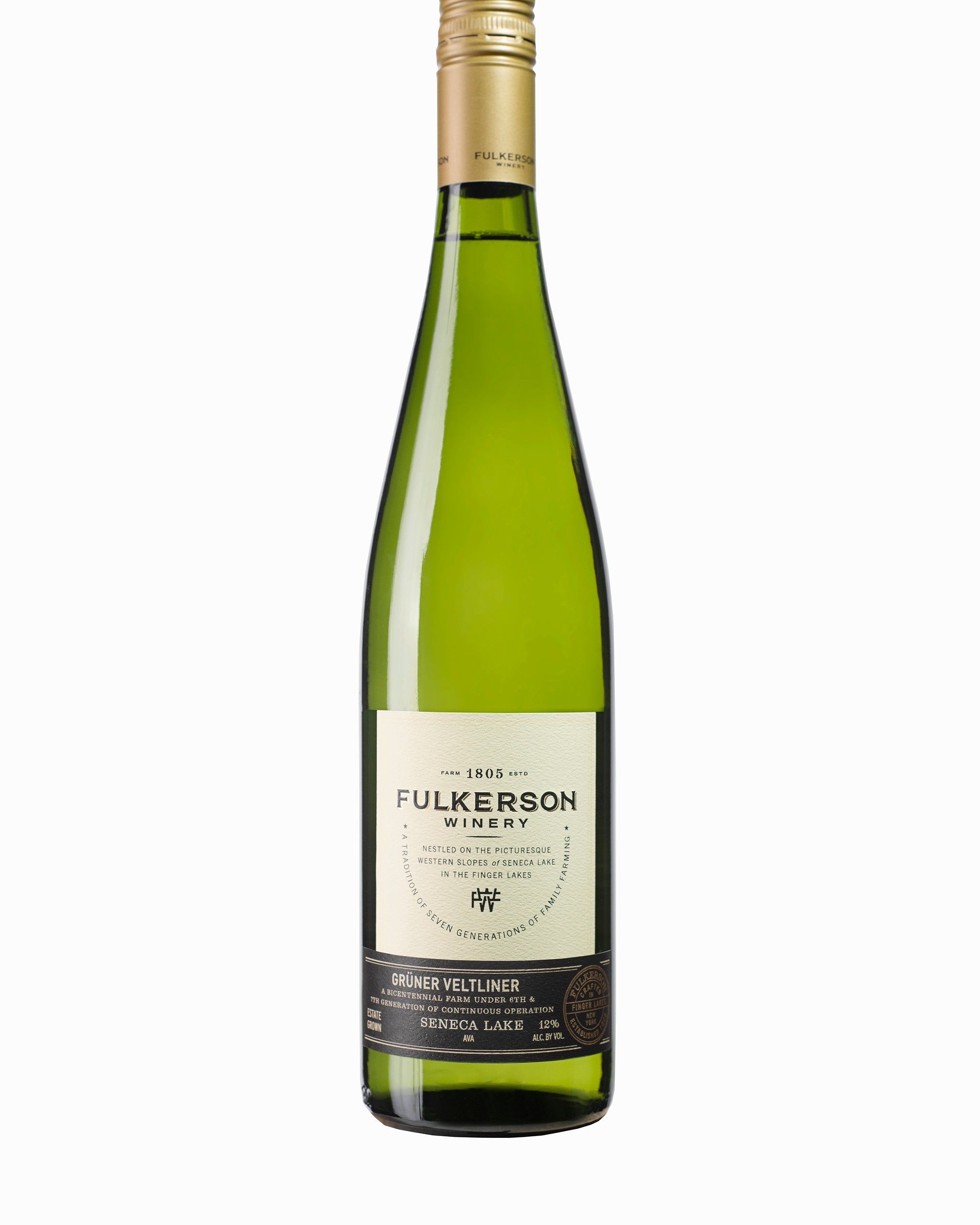 Green bottle of Fulkerson‘s gruner veltliner With a gold cap on a white background