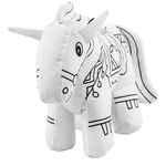 White plush horse toy with black patterns on a white background