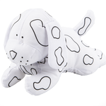 White dog plush toy with black patterns on a white background