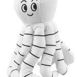 White plush toy with black stripes on a white background
