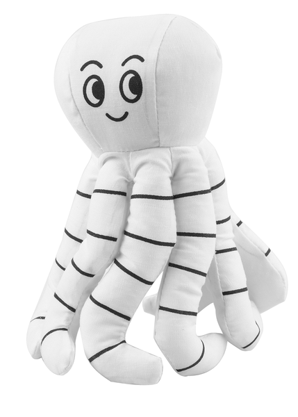 White plush toy with black stripes on a white background