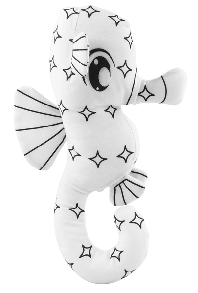 White plush toy with black star patterns on a white background