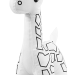White plush toy with black geometric patterns on a white background