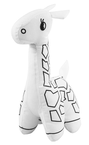 White plush toy with black geometric patterns on a white background