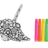 Coloring plush stingray with star patterns and six colorful markers on a white background