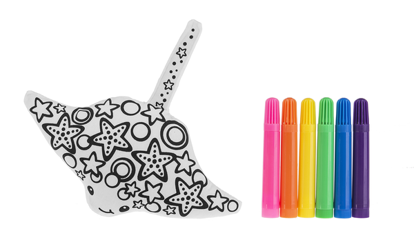 Coloring plush stingray with star patterns and six colorful markers on a white background