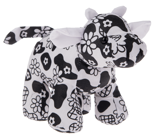 Plush toy with black and white floral pattern on a white background