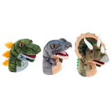 Three dinosaur-themed puppet sets on a white background