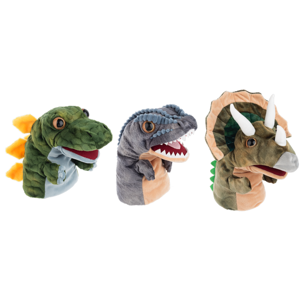Three dinosaur-themed puppet sets on a white background