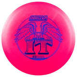 Pink disc golf disc with winged leopard with a blue logo on a transparent background