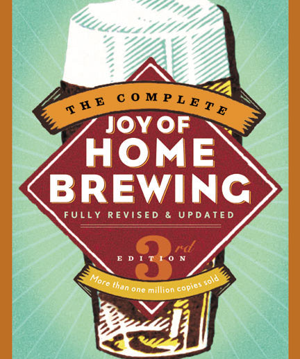 Book cover of 'The Complete Joy of Home Brewing' by Charlie Papazian with a stylized illustration of a beer mug on a green background.
