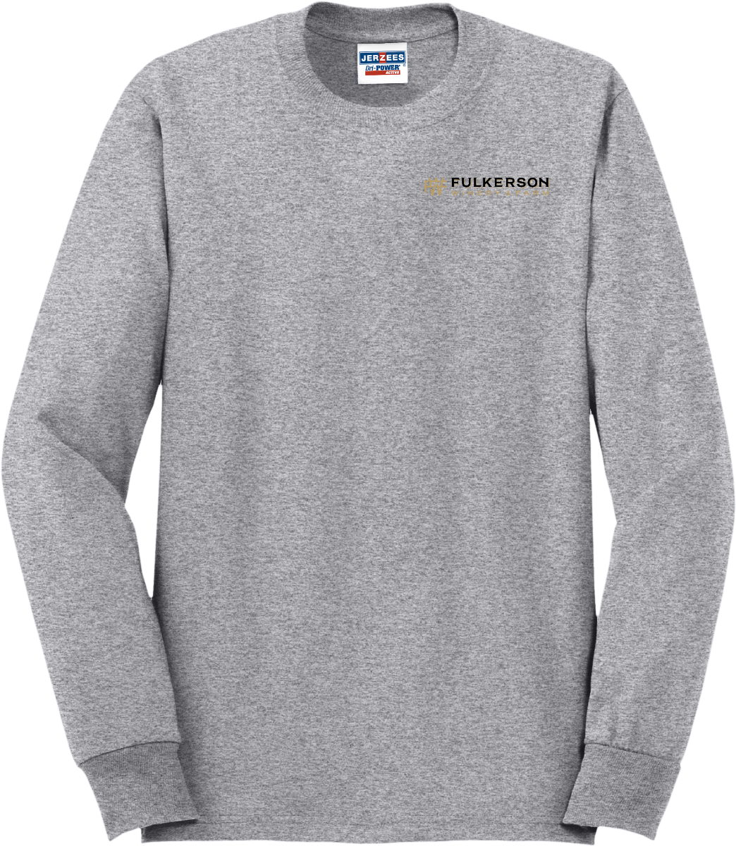 Grey long sleeve Fulkerson Winery and Farm logo tee shirt